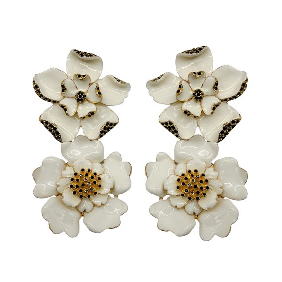 Carolina Herrera White / Black / Gold Hardware Rhinestone Embellished Enamel Flo